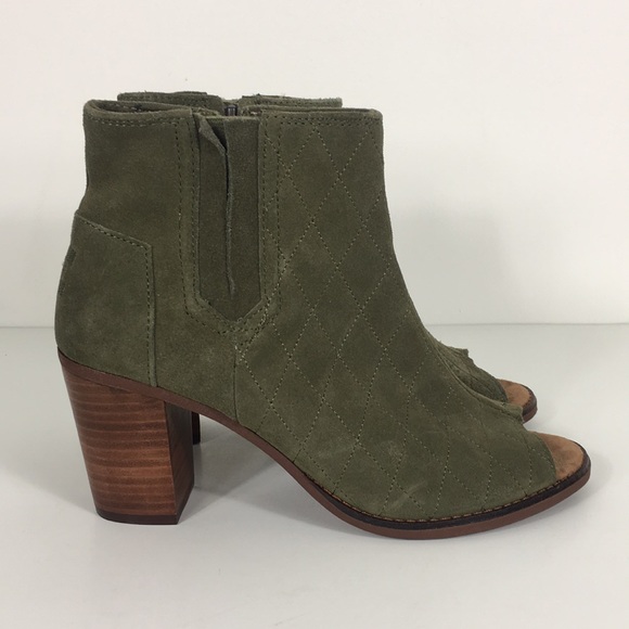 Toms Shoes - TOMS Hunter Green Peep Toe Block Heel Booties